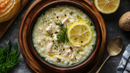 A comforting bowl of Avgolemono Soup, a Greek chicken and rice soup with a silky, tangy egg-lemon broth, garnished with fresh dill and a slice of lemon