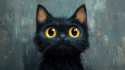 A cartoon-style black cat sitting in the rain against a muted grey backdrop, capturing a whimsical yet somber atmosphere.