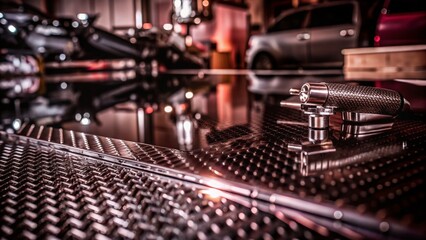 Macro Photography of a Metal Blank Tabletop with Blurred Automotive Tools for Product Promotion