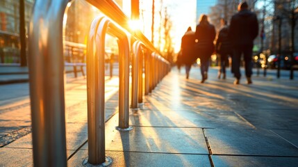 Vivid image of a bustling city street during sunset, showcasing dramatic shadows of passersby and the warm glow of the sun reflecting on the pavement.