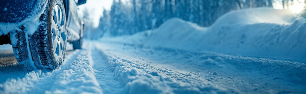 A car drives through a snow covered road, leaving deep tire tracks in a cold, wintry landscape