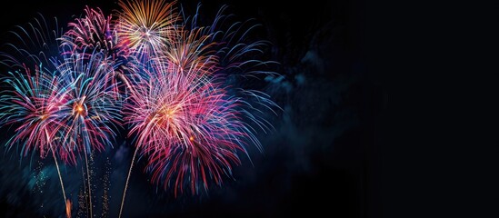 Fototapeta premium Vibrant fireworks lighting up the New Year s Eve sky creating a spectacular display with copy space image