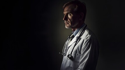 A thoughtful doctor stands in profile against a dark background.
