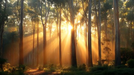 Forest retreat with a mix of pine and cedarwood trees, eucalyptus leaves rustling in the breeze, golden sunlight creating a warm glow, cool mist rising from the forest floor,