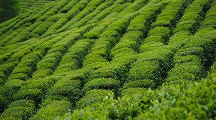 Lush green tea plantations flourish in spring sunlight, showcasing the beauty and tranquility of nature's tea gardens