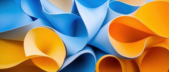 Colorful abstract waves of blue and yellow paper create a dynamic and vibrant background.