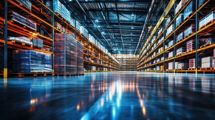 A contemporary distribution center filled with shelves of products under LED illumination, symbolizing the connectivity of global markets, photography style