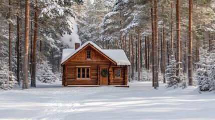 Snow-covered forest with tall pine trees, soft sunlight breaking through the branches, creating a peaceful winter atmosphere. A cozy wooden cabin with smoke coming from the chimney