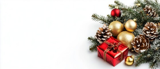 Christmas theme with red gift, golden ornaments, pine cones, and evergreen branches on a white background.
