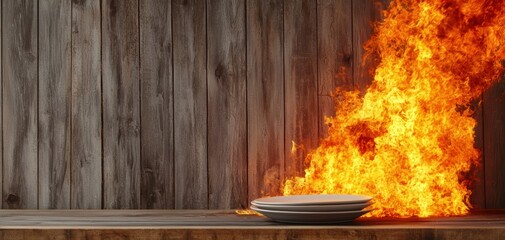 Obraz premium Dramatic scene of a fire outbreak in a rustic kitchen, dishes and cookware engulfed, a powerful depiction of home safety hazards and emergency situations