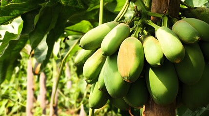 Close-up of unripe green papayas hanging from a tree branch.