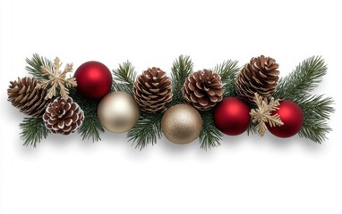 Elegant holiday garland featuring golden pine cones, red baubles, and snowflakes, entwined with evergreen branches for a festive decoration