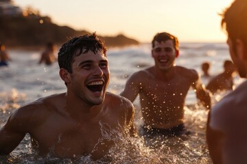 Two young men, caught in a candid moment of laughter while splashing in the ocean, revel in the exuberance of youth and friendship against a sunset backdrop.