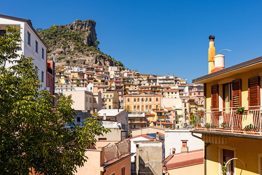 Panoramic view of the picturesque mountain village of Ulassai, Province of Nuoro, Sardinia, Italy, Europe