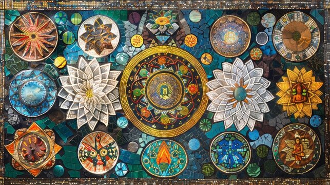 A mosaic made up of eight different types of tiles forming an intricate and colorful representation of the eightfold way.