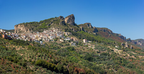 Panoramic view of the picturesque mountain village of Ulassai, Province of Nuoro, Sardinia, Italy, Europe