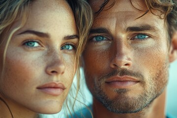Young couple with striking blue eyes sharing an intimate moment at the beach on a sunny day