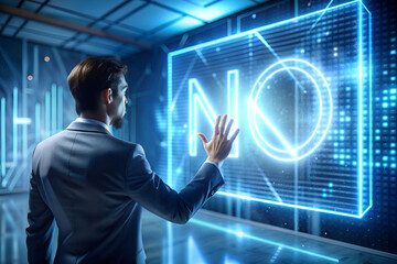 A man in a suit standing in front of a digital board with the word -NO- being projected on it
