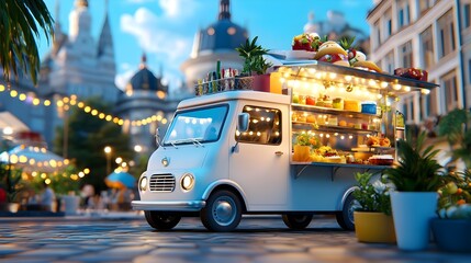 Elegant and modern gourmet food truck serving delicious street food in a bustling city square with a stylish design and inviting atmosphere for a vibrant urban dining experience  3D digital