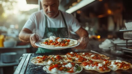A gourmet chef serves a delicious tortilla dish topped with fresh ingredients, highlighting a bustling and dynamic kitchen atmosphere filled with energy and flavor.