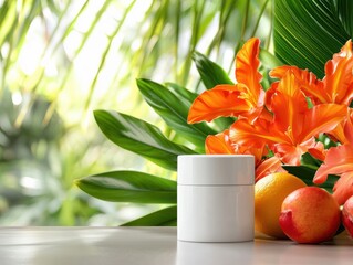 A Serene Display of Natural Elements Featuring a White Cosmetic Jar Surrounded by Vibrant Tropical Flowers and Fruits