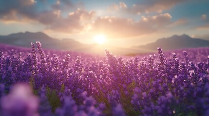 Lavender flowers in full bloom, with soft vanilla and chamomile undertones, a gentle breeze flowing through the field, warm sunlight creating a dreamy and relaxing scene,