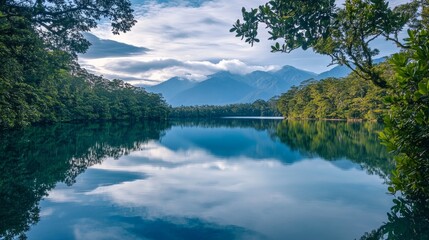 Fototapeta premium A tranquil lake view surrounded by lush green forest, with the still water reflecting the sky and distant mountains in the background.