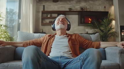 senior man happiness sitting on the sofa and listening music with headphone at living room for relaxing