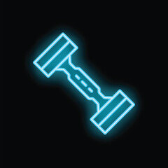 Blue neon dumbbell glowing on black background representing fitness and healthy lifestyle
