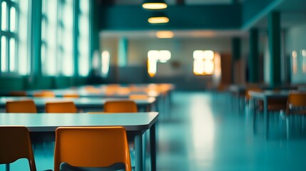 Empty Classroom Tables and Chairs in a Modern School