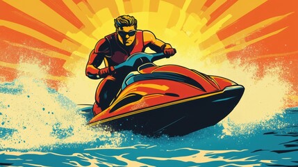 Vintage comic drawing of  of jetski in water. Summer tropical sports.