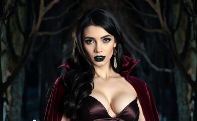 Fototapeta premium A gothic woman with black lipstick poses intensely, wearing a dark velvet outfit, surrounded by a dark, eerie forest, creating a mysterious, captivating scene.
