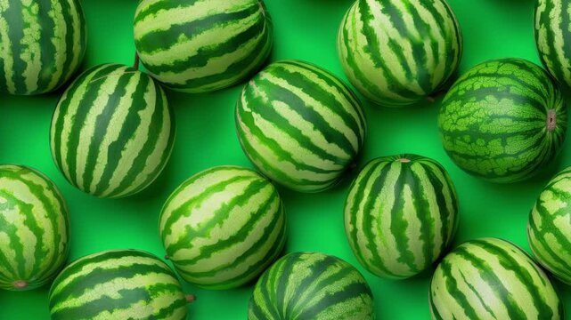 Bright green whole watermelons on green background moving diagonally, seamless loop animated video.