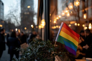 A vibrant pride flag stands proudly amidst the bustling city backdrop, capturing the essence of urban life and inclusivity as people gather at a café during dusk.