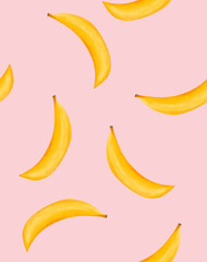 Yellow Bananas Isolated On A Light Pink Background. Trendy Banana Seamless Vector Pattern. Healthy Food. Endless Design with Hand Drawn Bananas on a Pastel Pink Background. 