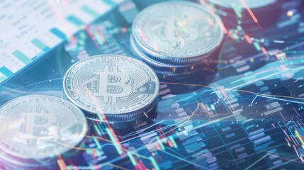 Exploring the impact of cryptocurrency coin stacks overlaid on a dynamic financial graph depicting market trends and economic insights