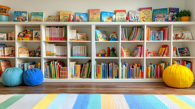 Brightly Colored Children's Bookshelf Filled with Picture Books in a Playful Setting