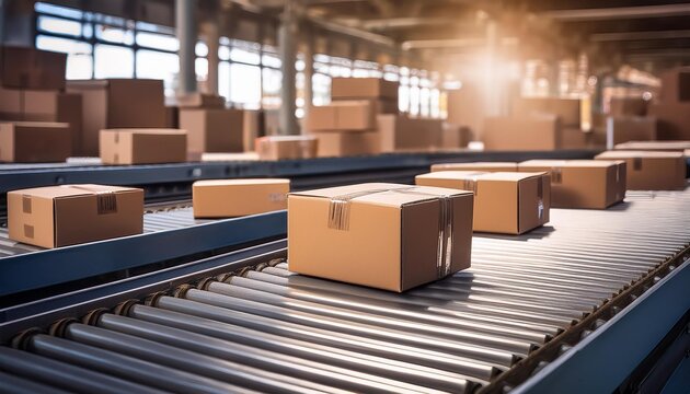 colis sur un tapis roulant, emballage et livraison,