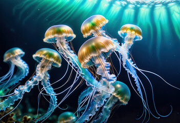 Obraz premium Grupo de medusas doradas flotando bajo la luz del sol en aguas profundas y cristalinas del océano.
