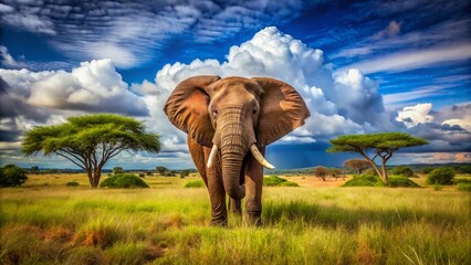 Fototapeta premium Majestic Elephant Standing in African Savanna Under Blue Sky with White Clouds - Wildlife Photography