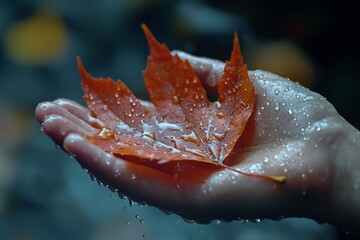 one hand leaf full of water,