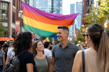 Fototapeta premium A group of diverse people smiles and interacts under a large rainbow flag at a bustling city pride celebration, with tall buildings providing an urban backdrop.