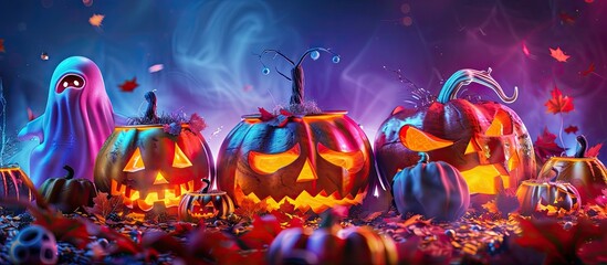 Vibrant Halloween themed assortment with pumpkins ghosts and monsters suitable for festive decor party favors and seasonal promotions perfect for a copy space image
