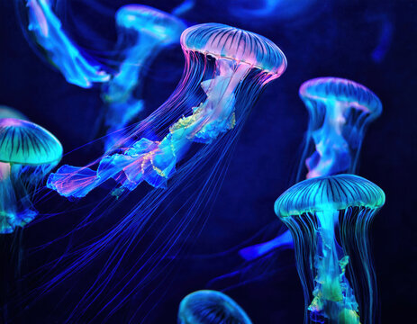 Medusas bioluminiscentes de colores vibrantes flotan en la oscuridad del oc&eacute;ano, iluminando el entorno.