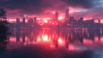 Fototapeta premium A Stunning 3D Neon City Skyline at Night with a Glowing Gradient Sky: Perfect for Urban and Nightlife Themes