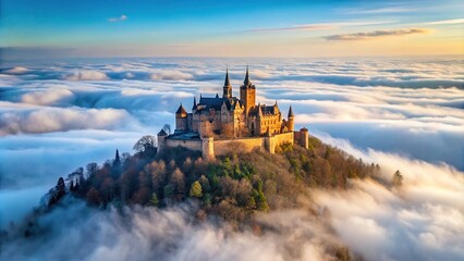 Naklejka premium Medium shot of German Castle Hohenzollern surrounded by clouds