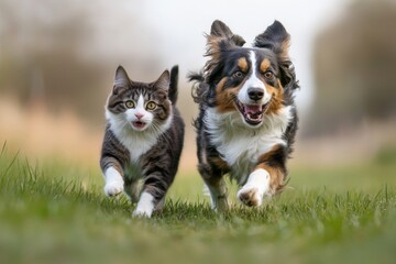  Australian Shepherd dog and cat running in the grass 