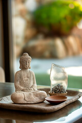 white stone miniature buddha statue on a tray 