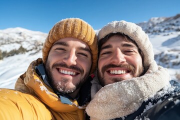 Two warmly dressed friends smiling brightly against a picturesque snowy mountain scene, demonstrating their enduring friendship, warmth, and love for adventure.