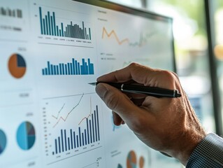 Hand analyzing business graphs and charts on screen with pen